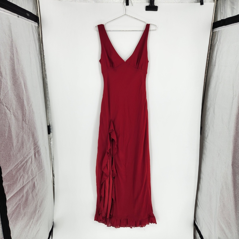 White Fox Tell Me Everything Maxi Dress Wine Red V-Neck Ruffle Hem EXM18-4-M NEW